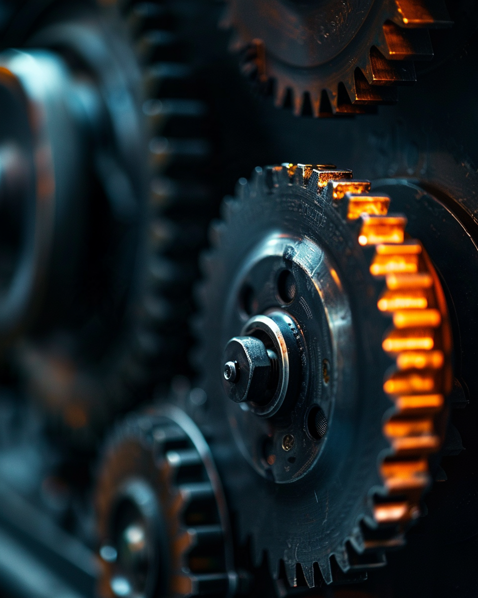 Close-up of a large gear beginning to turn and catch smaller gears into motion