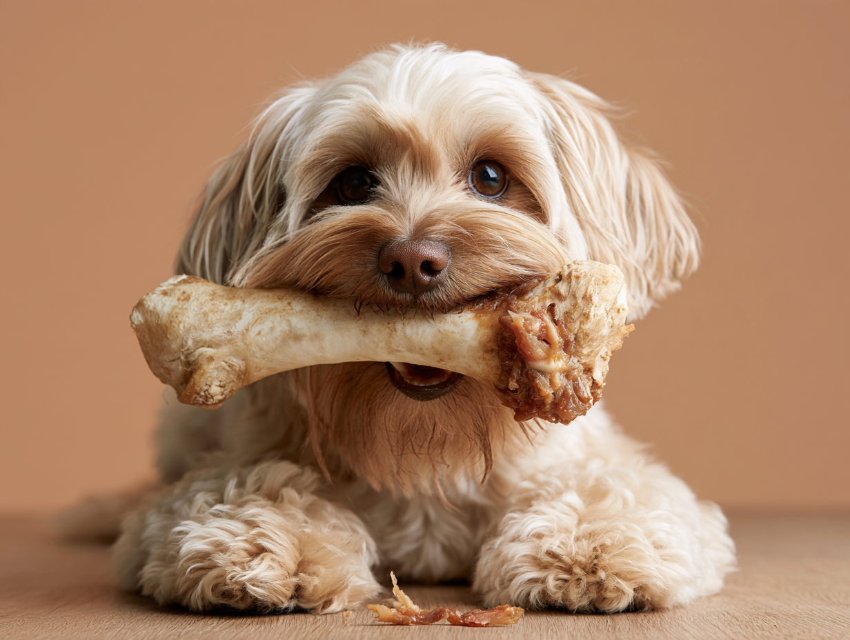 A dog holding a single large bone in its mouth