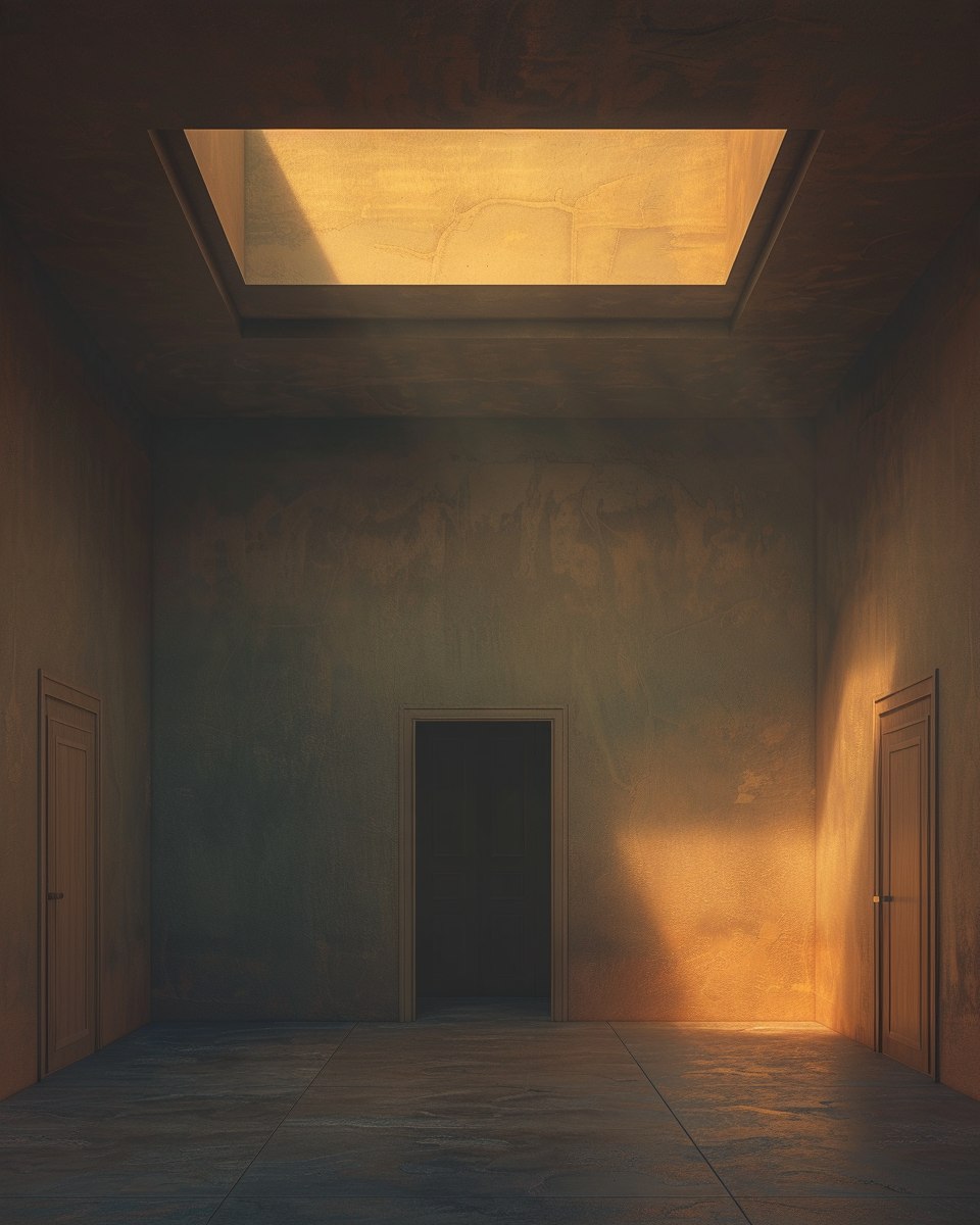 A single skylight pouring light into an empty room lined with closed doors